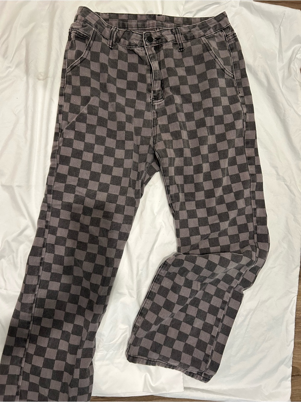 ROMWE Women's Checkerboard Straight Leg Pants in Gray and Brown